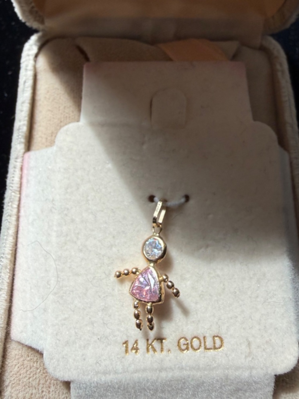 NEW 14K GOLD CHARM-PINK AND CRYSTAL STONES ON ORIGNAL CARD - Picture 2 of 2